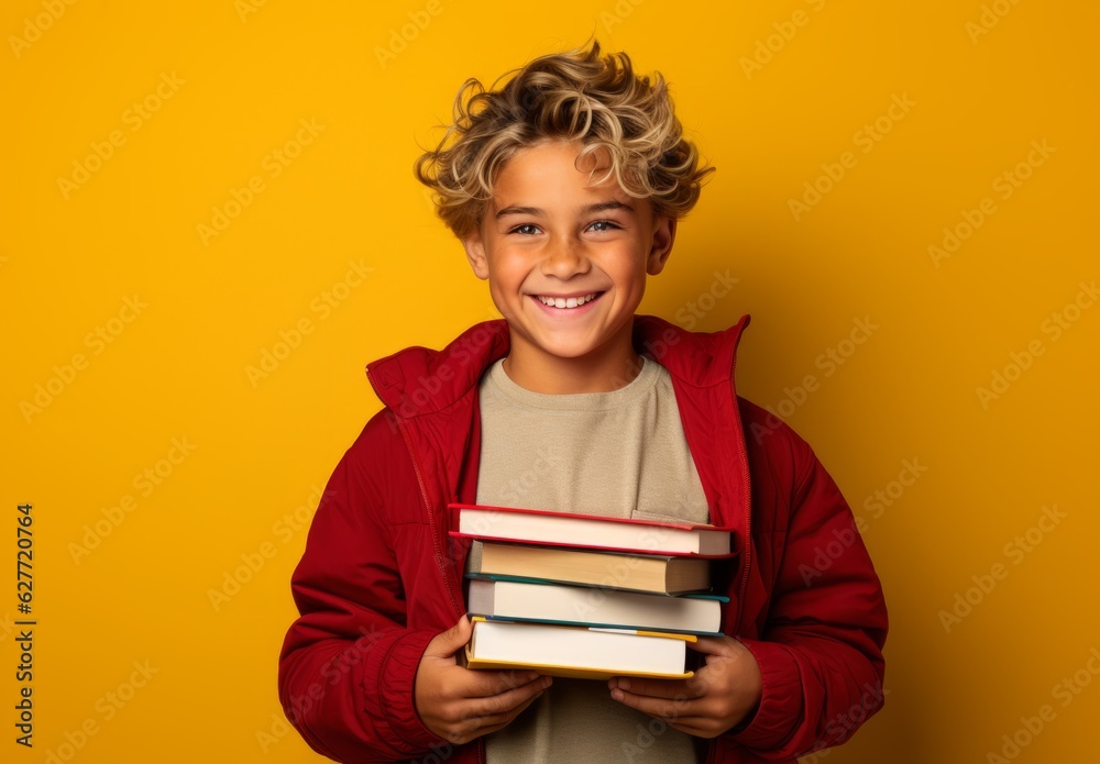 Kid with backpack and books on yellow background Kid with backpack and books on yellow background