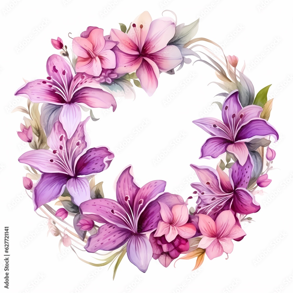 Fototapeta premium lily and orchid flowers wreath for home dcor painting