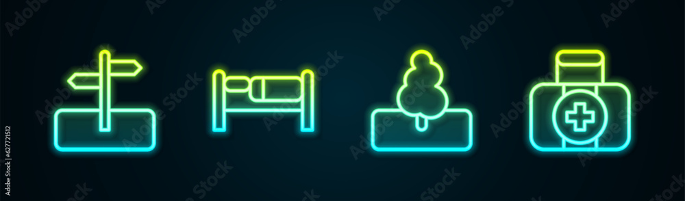 Set line Road traffic sign, Bed, Tree and First aid kit. Glowing neon icon. Vector Set line Road traffic sign, Bed, Tree and First aid kit. Glowing neon icon. Vector