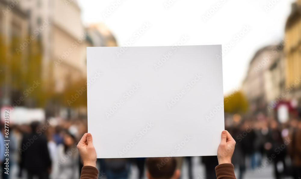 A political activist protesting holding a blank placard sign banner at a protest A political activist protesting holding a blank placard sign banner at a protest