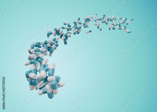 3d Blue And White Pharmaceutical Antibiotic Capsules Flowing Coming In The Air, 3d Illustration