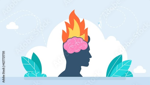 Head with the brain inside is on fire. Headache and stress. Anger, fury, annoyance. Burnout, stress, emotional problem. Burning brain. Aflame mind. Head fire flame. Mental illness. 2D animation photo