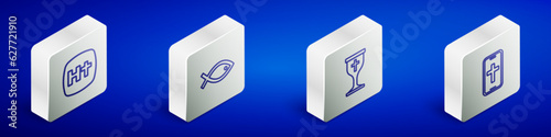 Set Isometric line Christian cross, fish symbol, chalice and on phone icon. Vector