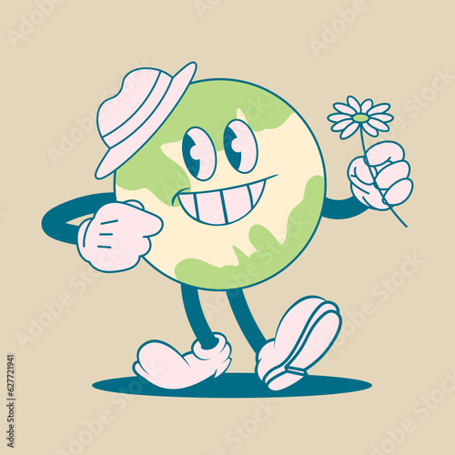 Retro cartoon globe mascot holding a daisy flower, wearing a hat, 1940s flat character design