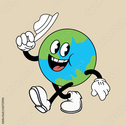 Retro cartoon globe mascot walking and greeting, holding a hat, 1940s flat character design