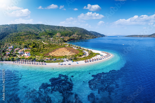 Aerial view of the popular beach at Agios Dimitrios, Alonissos island, Sporades, Greece