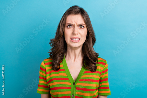 Photographie Photo of pretty aggressive dissatisfied girl with curly hairstyle wear striped s