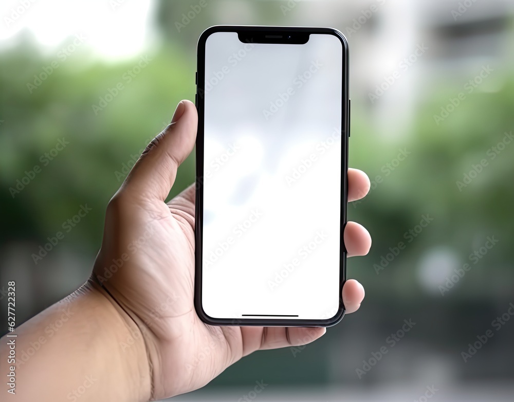 Hand holding a phone with a white screen for mockup