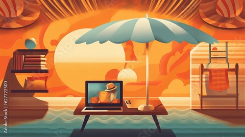 Drawing a laptop on the background of an open window and the beach Generative AI © Dzmitry
