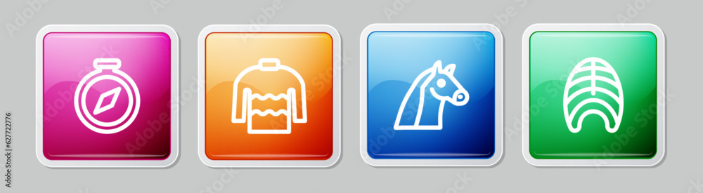 Set line Compass, Sweater, Horse and Fish steak. Colorful square button. Vector Set line Compass, Sweater, Horse and Fish steak. Colorful square button. Vector