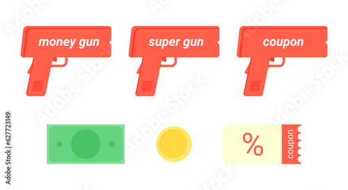 A set of money machine guns with different inscriptions, a banknote, a coin and a coupon on a white background. Design for advertising banners and flyers. Flat vector illustration.