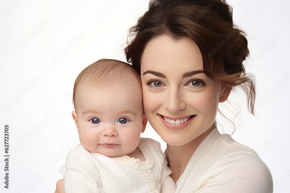 Closeup of a happy young woman holding a baby isolated on background Generative ai Closeup of a happy young woman holding a baby isolated on background Generative ai