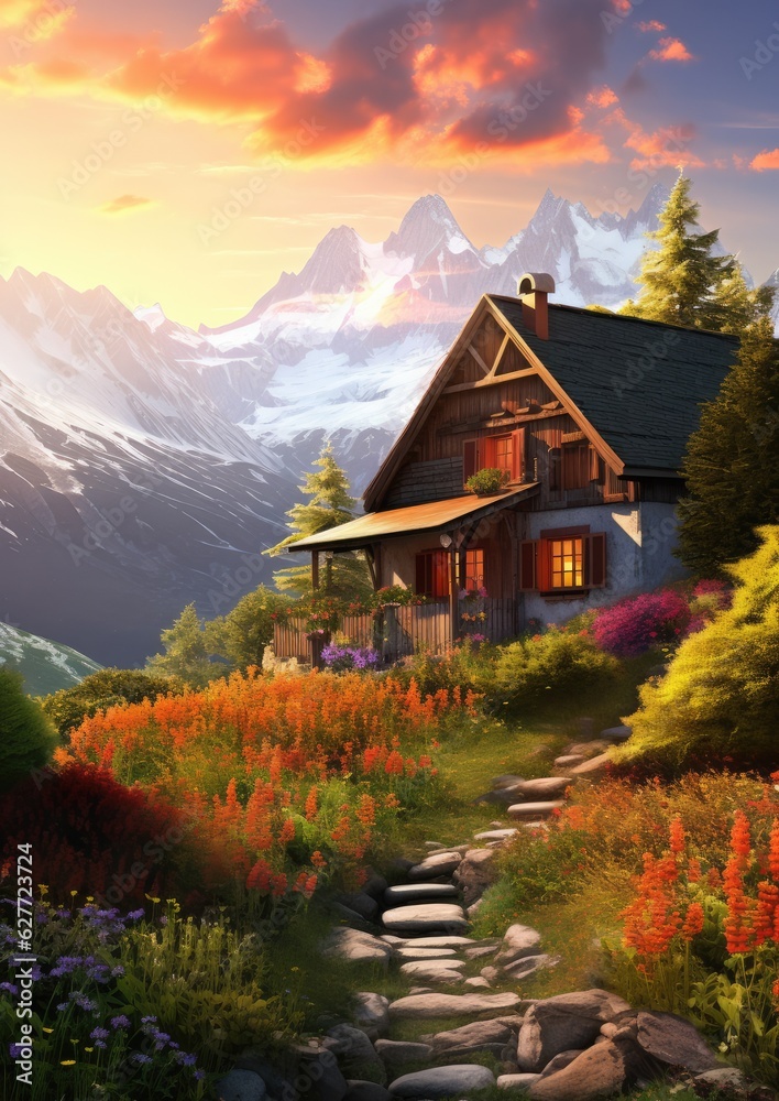 Scenic sunrise in the Alp mountains with mountain cottage in background.