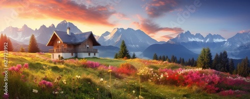 Scenic sunrise in the Alp mountains with mountain cottage in background, panorama.
