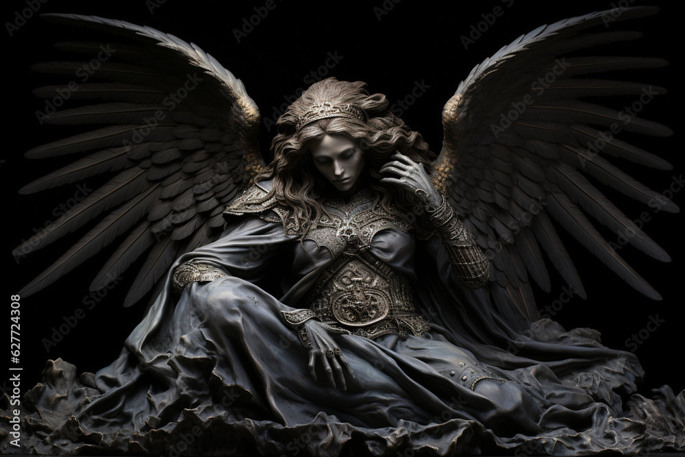 Fototapeta premium A sculpture crafted from stone or bronze, featuring angelic figures or symbolic motifs commonly found in cemeteries, symbolizing the connection between life, death, and the eternal Generative AI