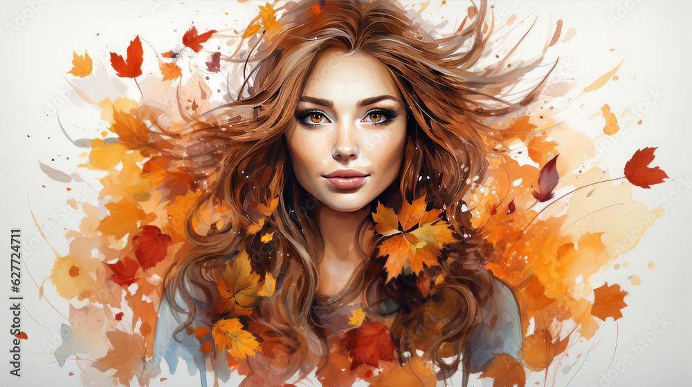 Illustration symbolizing the beginning of warm autumn. Red-haired girl with autumn foliage and flowers in her hair. Illustration symbolizing the beginning of warm autumn. Red-haired girl with autumn foliage and flowers in her hair.