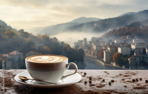 Morning coffee cup and coffee beans on table over mountains, landscape with sunlight. Beauty nature background view of sunset or sunrise background with copy space