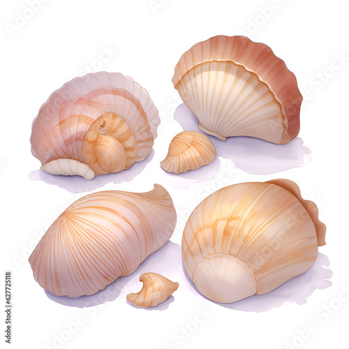 Shells in cartoon style. Cute Little Cartoon shells isolated on white background. Watercolor drawing, hand-drawn shells in watercolor. For children's books, for cards, Children's illustration.