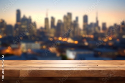 Generative AI   Wooden table top with blur background of blur city