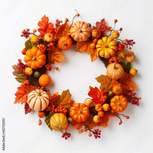 Autumn wreath made with leaves  pine cones and pumpkins against a white background