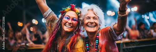 smiling older women and Men hippies in 70s clothing chanting at the concert. AI generative.
