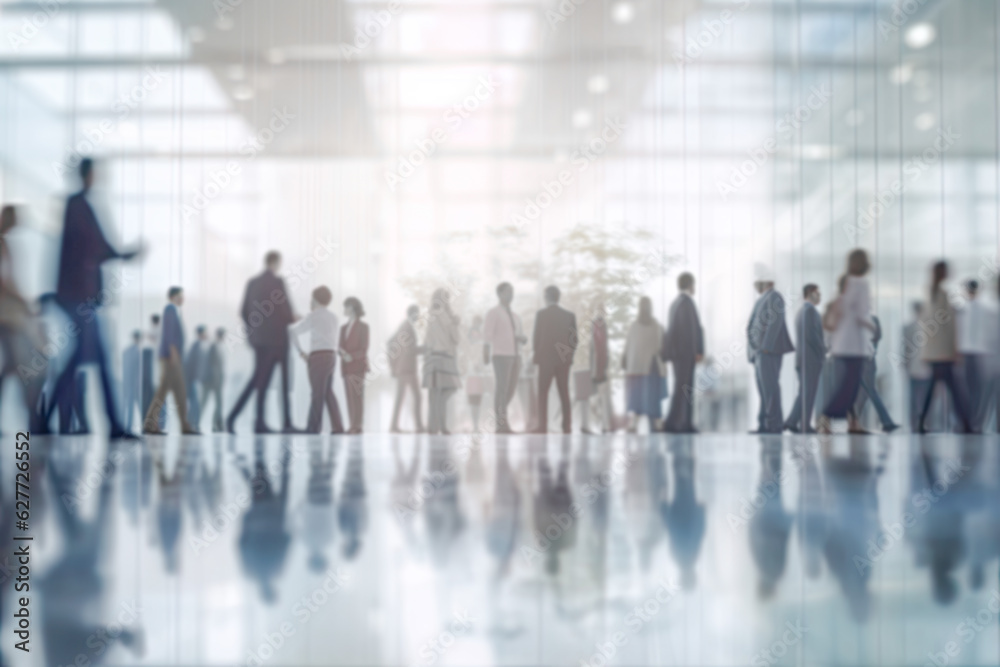 A modern blurred background of silhouetted business people walking through a bright office.