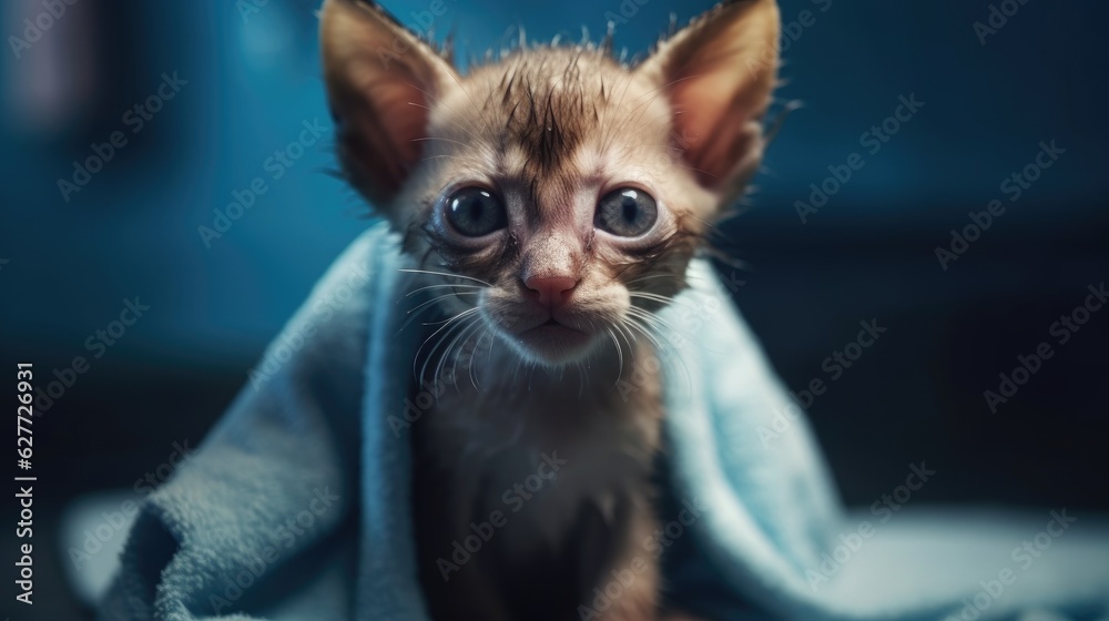 Funny gray tabby kitten wet after a bath. Created with generative AI.