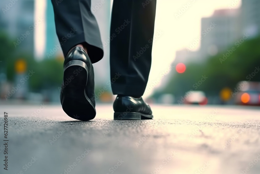Low section of businessman standing on road at sunset, low angle view