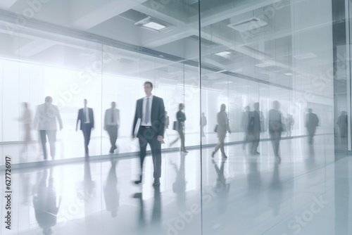 Business people walking in a corridor of a modern office building, blurred background