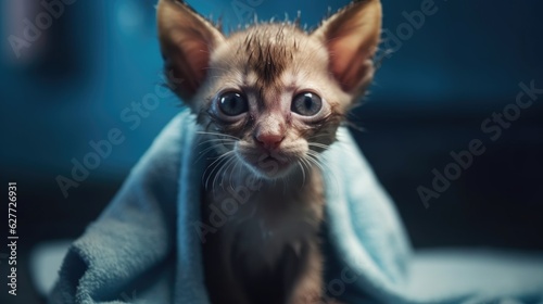 Funny gray tabby kitten wet after a bath. Created with generative AI. © lchumpitaz
