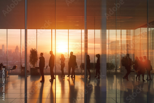 Silhouette of business people walking in the office with sunlight effect