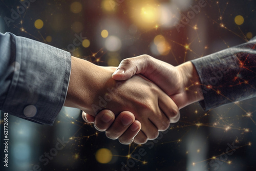 Close up image of two business people shaking hands on blurred background