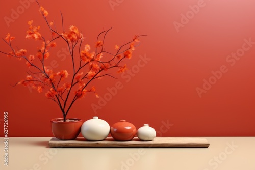 A vase with flowers and ceramic vases on a table. Digital image. Copy-space, place for text.