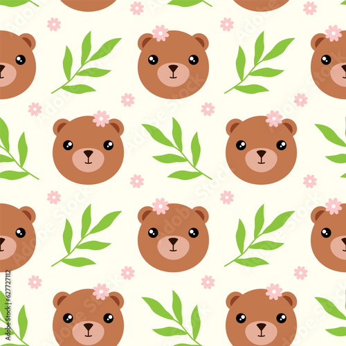 Seamless pattern with little baby bears. Character of baby animal face with pink flower on head. Vector illustration of bear cub. Print with animals and plants for kids.