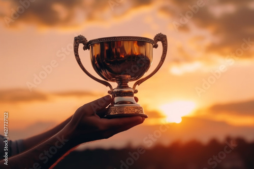 Closeup of a trophy in the hands of a man at sunset