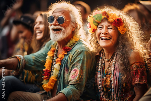 smiling older women and Men hippies in 70s clothing chanting at the concert. AI generative.