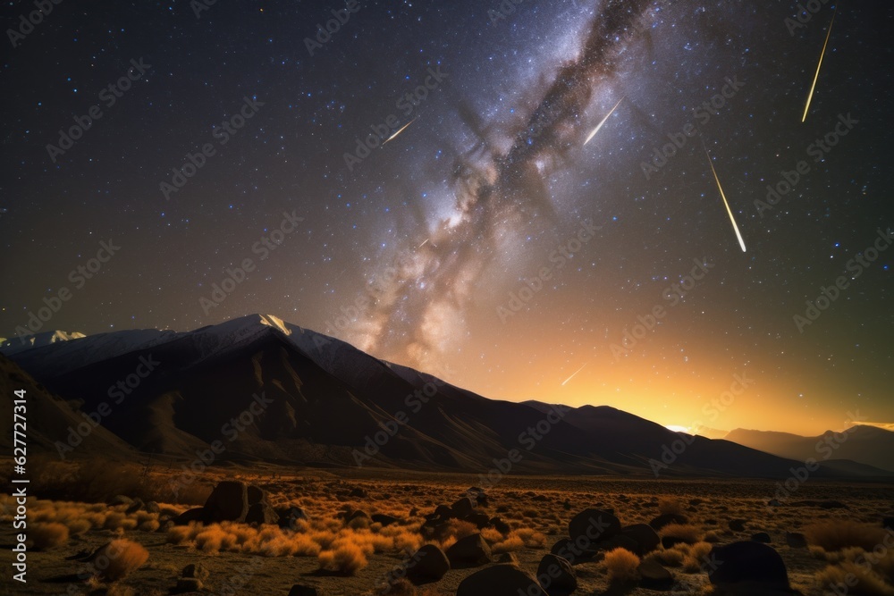 Night sky with shooting stars. Landscape with a mountain