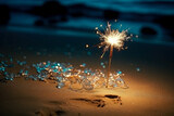 sparkler lit up in the sand at beach, in the style of light bronze and azure, nature landscpae, stylish.