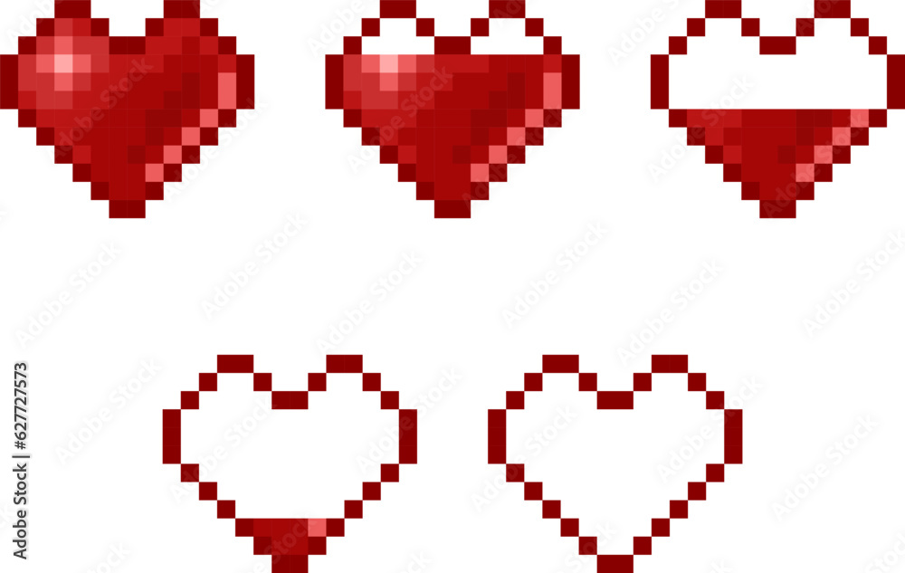 Fototapeta premium Pixel art life bar. Retro video game health heart bar. Vector symbols set.