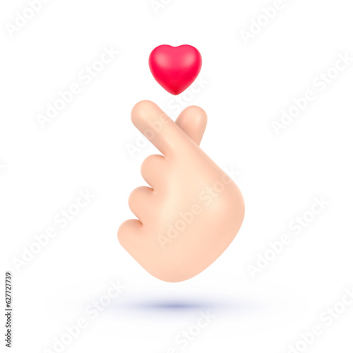 Finger heart 3d for concept design. Design icon. Render hand greeting symbol. 3d vector illustration