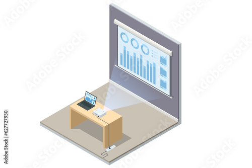 Isometric Video Projector at Business Conference. Video Projector for Work Presentation