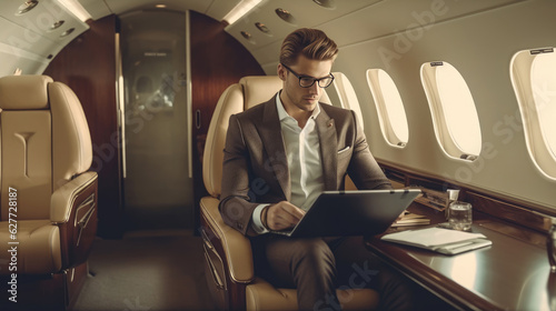 A businessman in a private plane, looking out the window