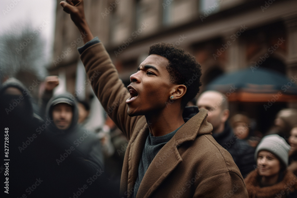 An African-American man with a raised fist protests during an anti-racist protest - obrazy, fototapety, plakaty 