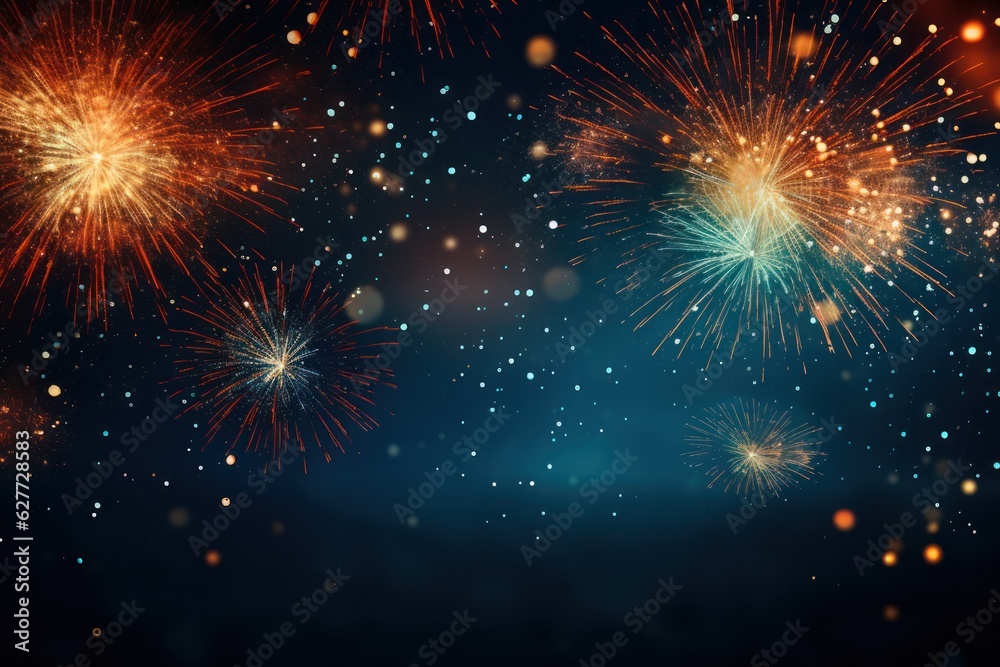 Fototapeta premium Colorful fireworks on the dark sky background with bokeh, Generative AI