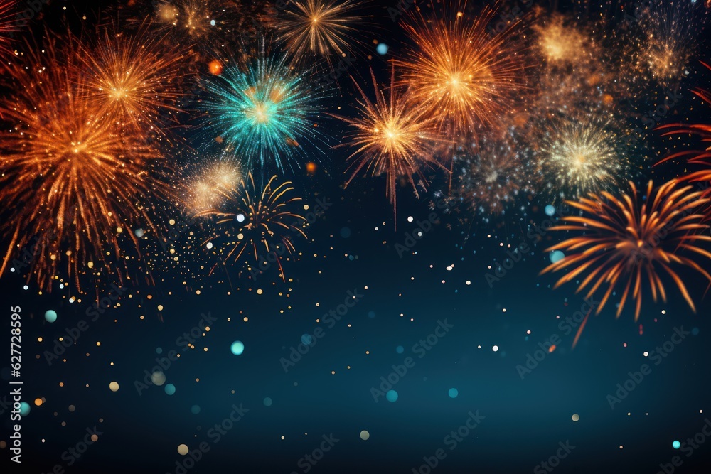 Fototapeta premium Colorful fireworks on the dark sky background with bokeh, Generative AI