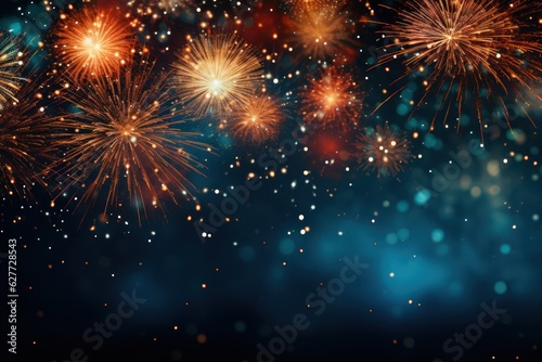 Colorful fireworks on the dark sky background with bokeh, Generative AI