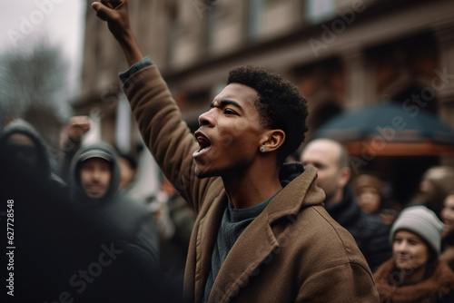 An African-American man with a raised fist protests during an anti-racist protest