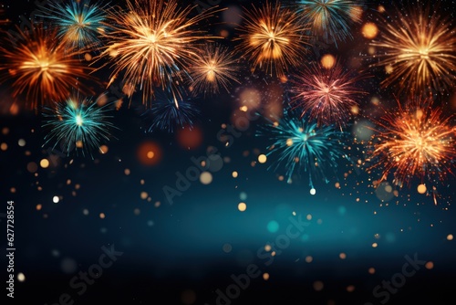 Colorful fireworks on the dark sky background with bokeh, Generative AI