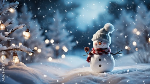 Snowman in winter forest. Christmas and New Year holidays background, Generative AI