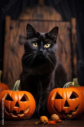 Fluffy cute black cat with pumpkin jack o lantern on dark wooden background. Halloween autumn concept. Vertical background with copy space © ratatosk